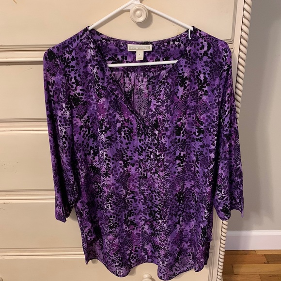 Dana Buchman 3/4 Sleeve Blouse Women’s Large V Neck High Low Hem Purple - Picture 1 of 12
